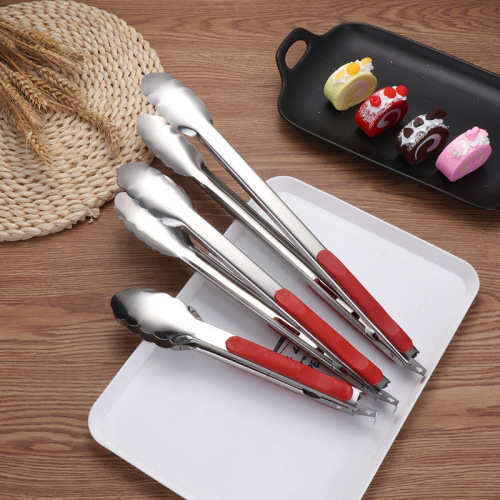 stainless steel food clip buffet salad bread clip red handle anti-scald steak barbecue meat clip plastic handle clip