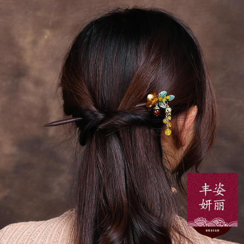 Ethnic Style Antique Style Sandalwood Hairpin Retro Female Hairpin Updo Hair Clasp Royal Court Buyao Original All-Matching in Stock Wholesale