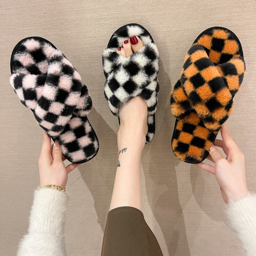cross-border new warm color matching plaid open slippers women‘s home fashion flat cross floor cotton slippers foreign trade