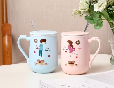 personalized cartoon couple‘s cup online popular ceramic cup gift cup tea cup water cup cover cup