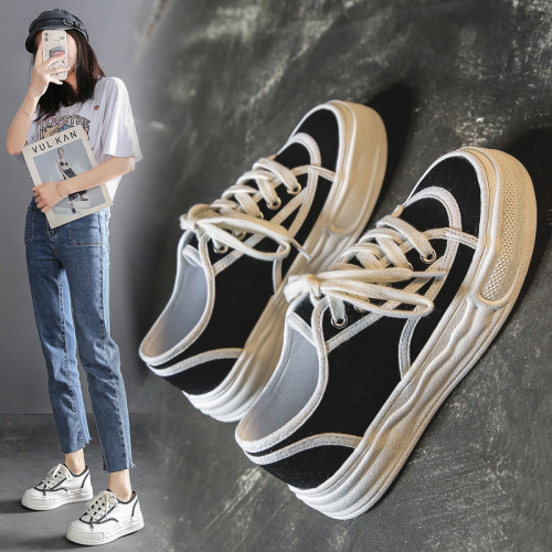 summer new large canvas shoes women‘s casual lace-up fashion shoes chic retro hong kong style flat shoes 8550
