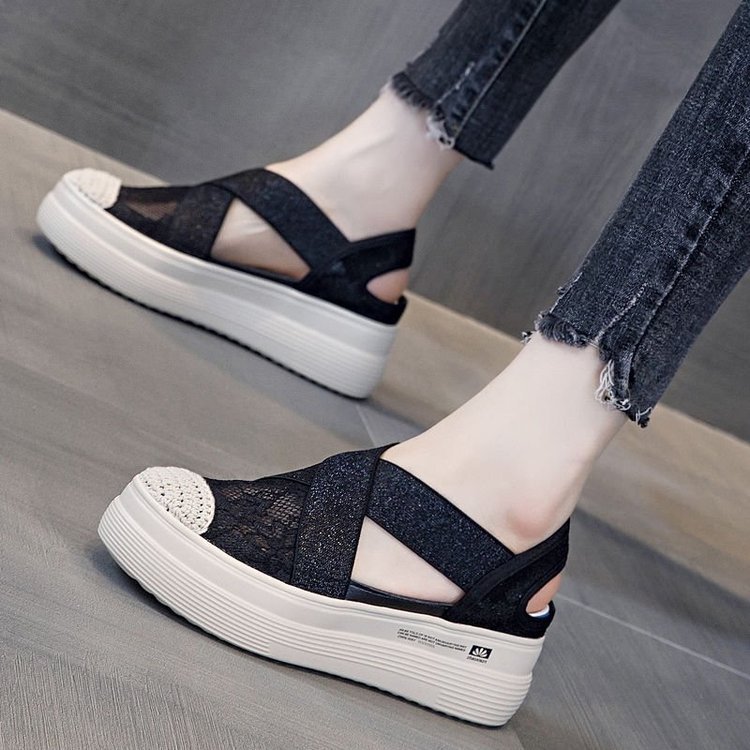 2021 Summer Platform Muffin Lace Casual Slip-on Loafers Sandals Breathable Mesh Hollow Fisherman Sho