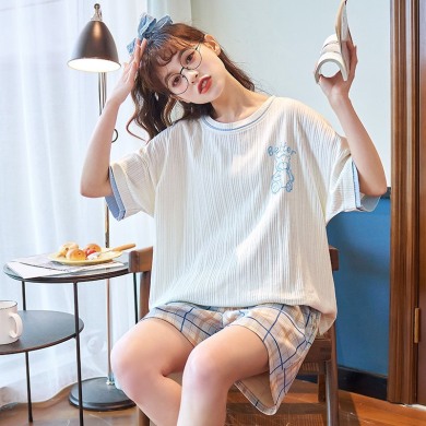 韩版短袖睡衣女夏季棉质薄款短袖公主风甜美卡通女士家居服套装