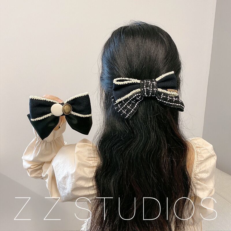 Retro Hepburn ~ Korean Pearl Bow Barrettes Back Spring Hairp...