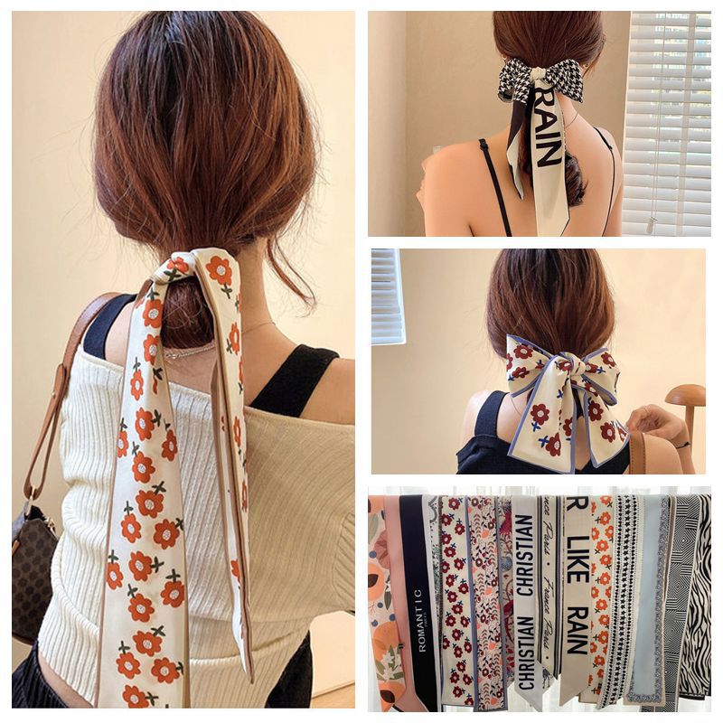 French Retro Silk Scarf Ribbon Hair Band Arm Bag Multi-Purpose Temperament Small Scarf Satin Long Pr
