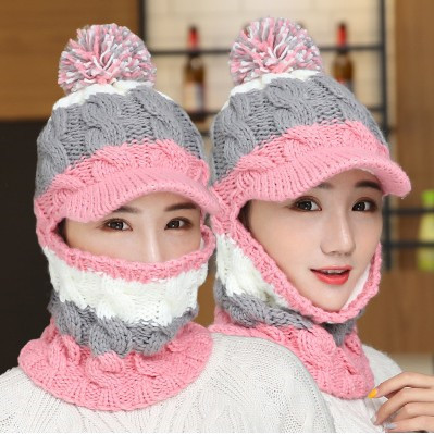 Knitted Hat Riding Hat Female Winter Korean Youth Peaked Wool Hat plus Velvet Thickened Fur Ball Cover Face Integrated Hat 