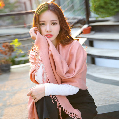 Scarf Women‘s Autumn and Winter Artificial Cashmere Scarf Lengthened plus Size Solid Color Tassel Chicken Coop Building Hollow Bottle Showing Body