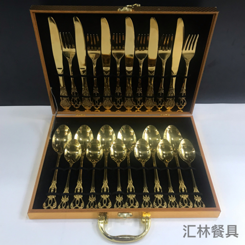 410 stainless steel titanium western dinner set royal court series western food knife and fork spoon gold wooden box 24-piece set