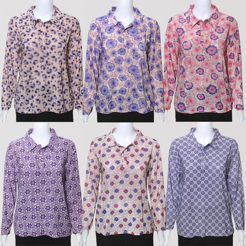 中老年女装 大妈冰丝长袖翻领t恤衫 赶集地摊老人衣服批发