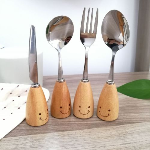 Factory Sales Korean Wooden Handle Cute Smiley Tableware Set Beech Handle Stainless Steel Knife， Fork and Spoon Children‘s Tableware Gift Box