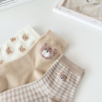 Socks Japanese Cute Bear Girl Ins Trendy Mid-Calf Socks  Korean Autumn and Winter Plaid Academy Style Sweet Socks 