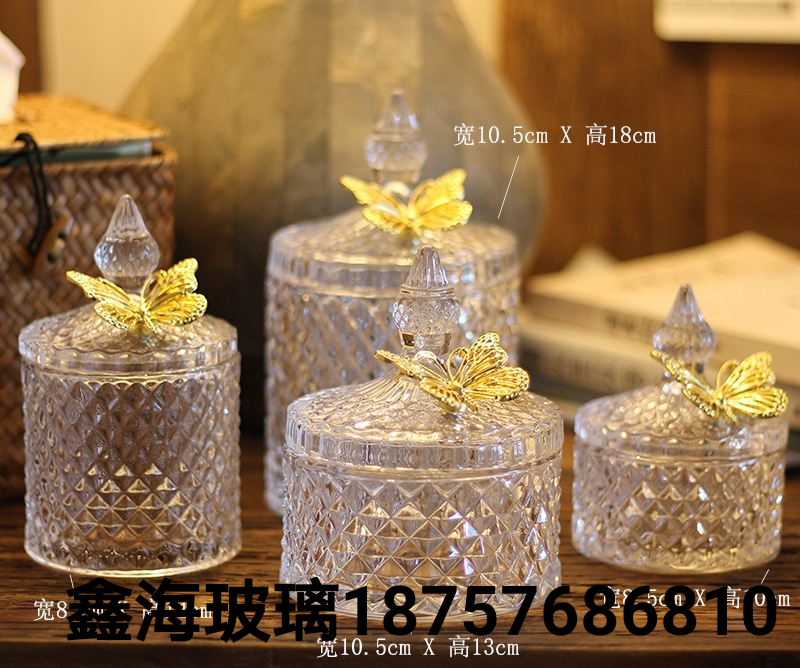 Glass Sugar Bowl Gold Butterfly Ornament Storage Box Glass J...