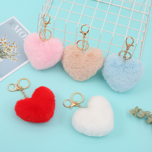 Cute Love Shaped Hair Ball Car Pendant Plush Pendant Peach Heart Keychain Accessories Hairy Ball Wholesale Cross-Border