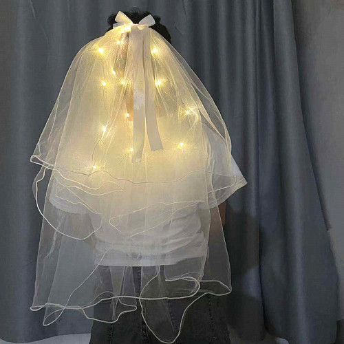 light-emitting veil online celebrity light-emitting veil super fairy ribbon double-layer bow veil with light hot toys wholesale