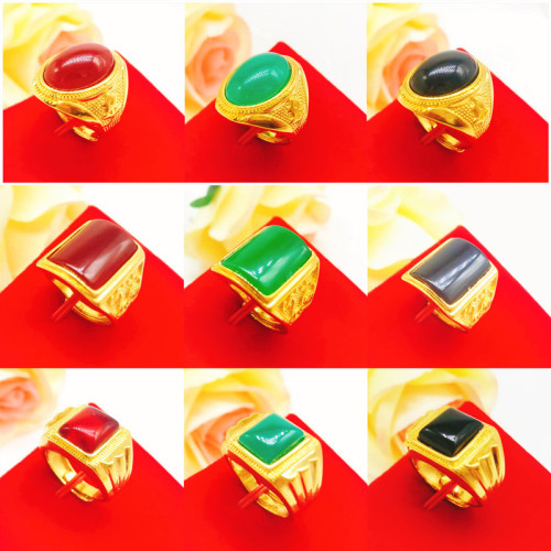 Jindian Same Style Copper Plating Golden Ring Men‘s No Color Fading Vietnam Placer Gold Supply Ornament Ruby and Emerald Ring