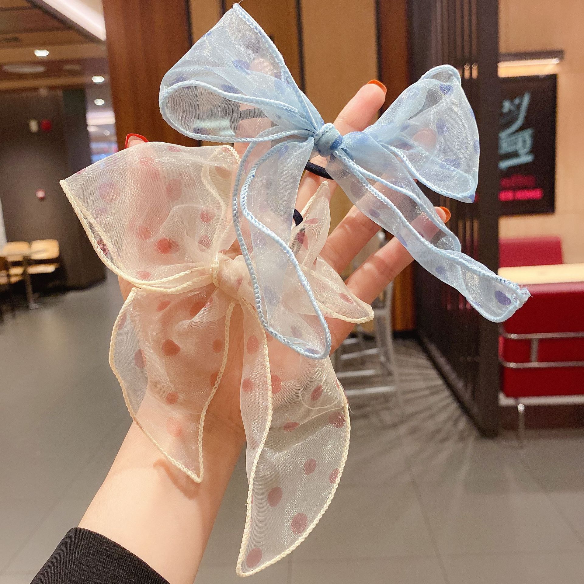 Milk Tea ~~~ Sweet Mesh Polka Dot Bow Hair Rope Japan and South Korea Hair Band for Girls Bun Elasti