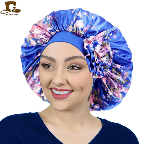 New Satin Printing Large round Hat Elastic Wide Brim Nightcap Large Flower Headscarf Hat TJM-408E-1