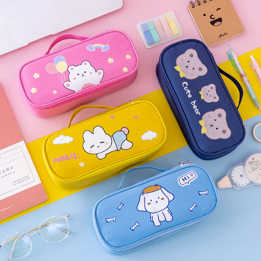 卡通多功能双层笔袋手提大容量学生铅笔盒简约文具收纳袋
