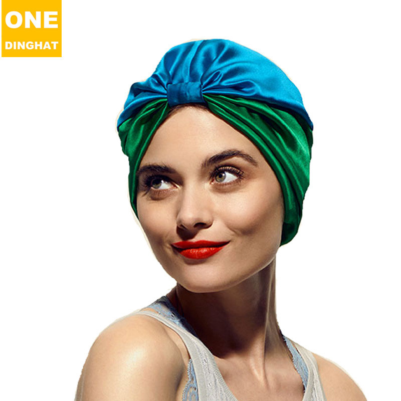 Cross-Border Elastic Artificial Silk Nightcap Contrast Color Knotted Tam-O'-Shanter Double Laye