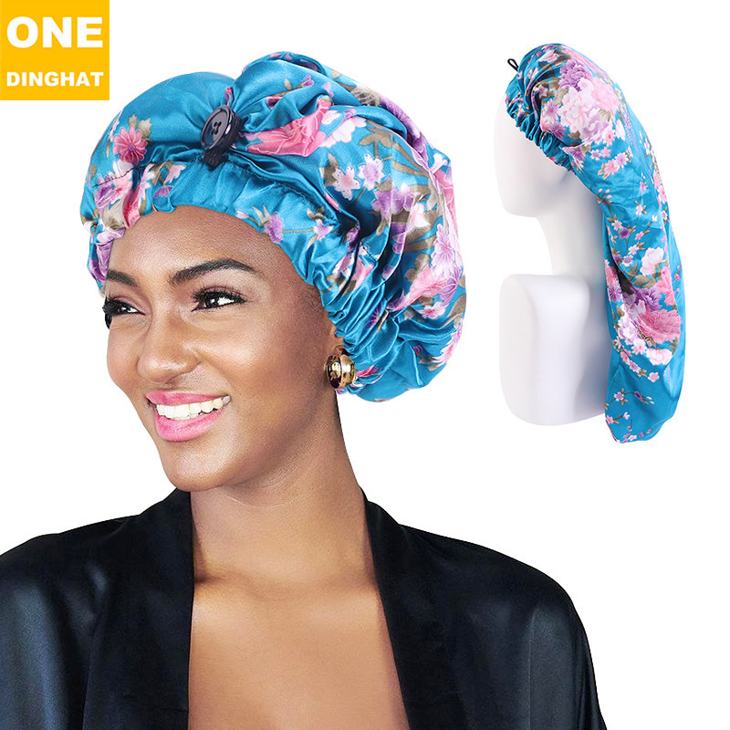 Amazon Long Hair Shower Cap Satin Printed Long Tube Nightcap...