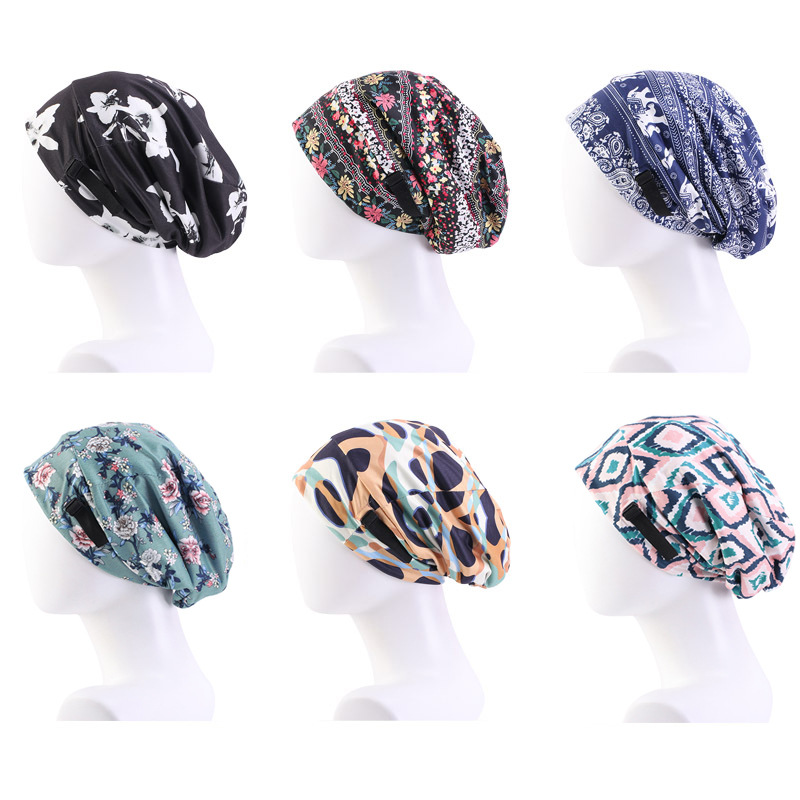 Satin Lining Printing Sleeve Cap Invisible Adjustable Buckle Nightcap Tam-O'-Shanter Confinemen