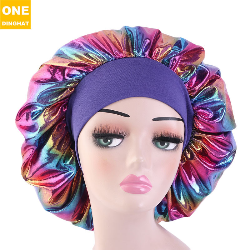 Plus-Sized 7 Color Laser Elastic Wide Edge Nightcap Satin ro...