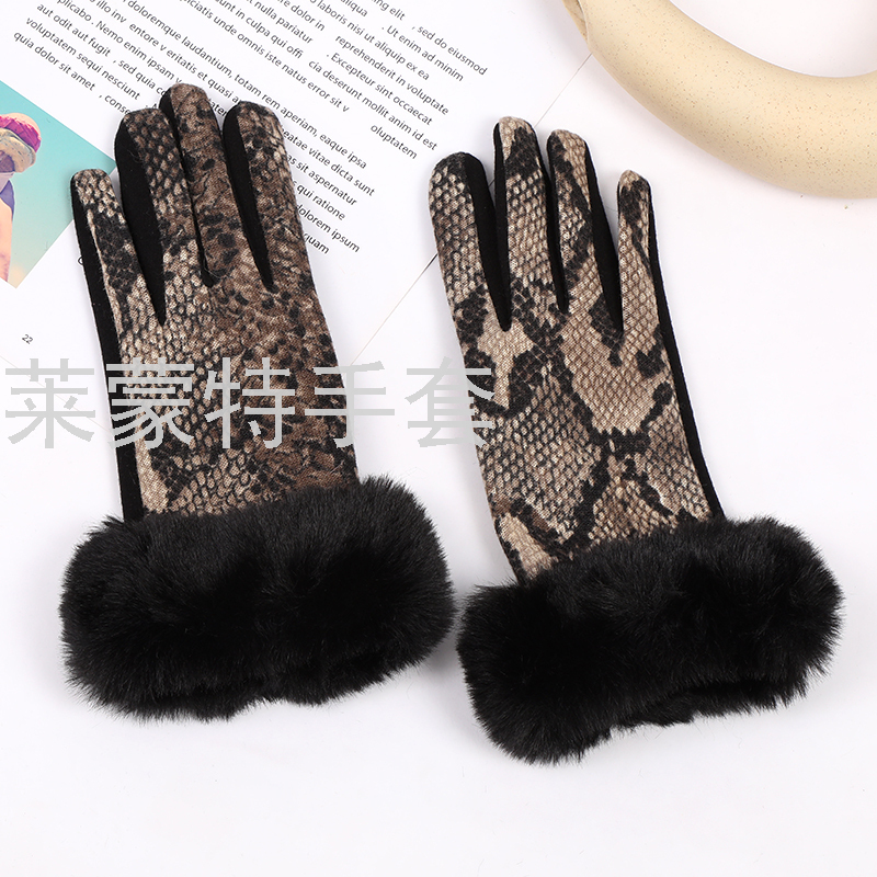 2021 New Autumn and Winter Warm Gloves Big Fur Mouth Fashion Small Leopard Four-Finger Plum Touch Sc