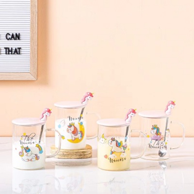 INS Style Unicorn Cartoon Glass Cup Breakfast Milk Cup with Handle Cute with Lid Fruit Drink Cup