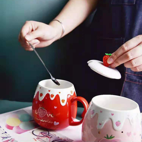 ceramic cup strawberry cute mug girl heart with lid spoon home creative breakfast milk coffee cup