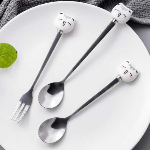 japanese cartoon ceramic handle stainless steel spoon creative stainless steel fruit fork simple korean-style stainless steel coffee spoon