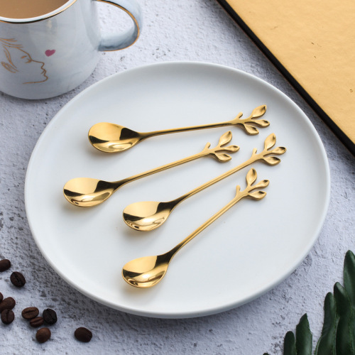 new creative stainless steel stirring spoon stainless steel leaf spoon leaf spoon golden stainless steel dessert spoon wholesale