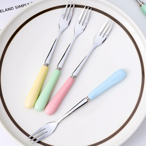 ins creative japanese candy color ceramic handle stainless steel knife fork fruit dessert stainless steel fork western tableware
