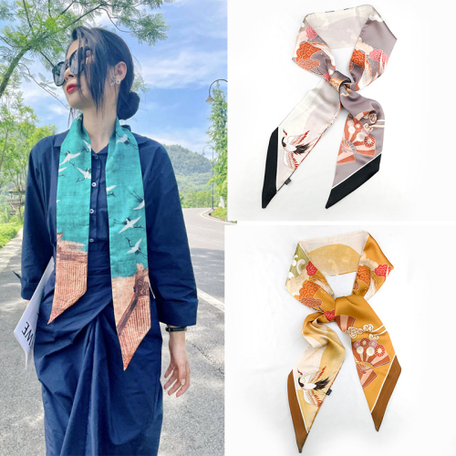 10*150 Chinese Style Crane Element Satin Scarf Summer Scarf Ribbon Female Temperamental Decorative Tie-up Hair Ribbon