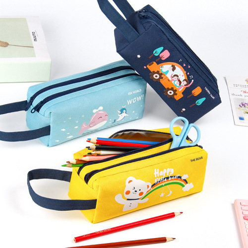 Creative Cartoon Double-Layered Bag Oxford Fabric Pencil Bag Large Capacity Pencil Case Pencil Buggy Bag Student Portable Handbag