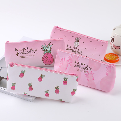 Creative Japanese and Korean Pineapple Cartoon Pattern Pencil Case Cute Triangle Pu Stationery Large Capacity Storage Bag Pencil Case