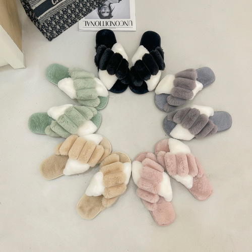 plush cotton slippers women‘s autumn and winter new korean style cross open toe flat interior home cotton slippers women