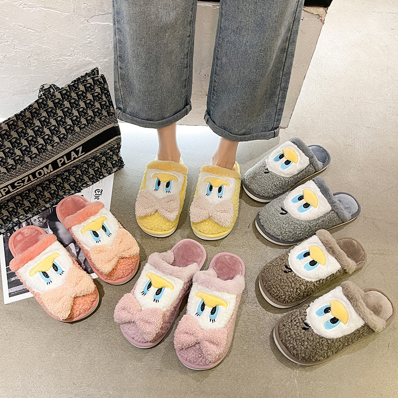 Cartoon Duck Cotton Slippers Female Korean Ins Bow Toe Cap C...