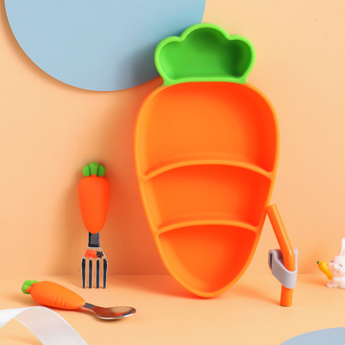 silicone carrot shape children‘s plate set baby straw grid plate 304 spoon fork gift tableware