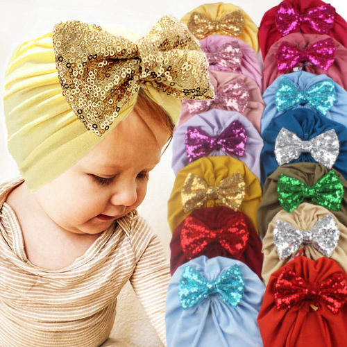 European and American New Artificial Cotton Children‘s Hat Headscarf Sequined Bow Jewelry Newborn Baby Hat Baby Pullover Cap 