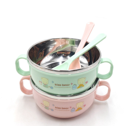 double handle baby food supplement tableware baby eating bowl children‘s stainless steel small bowl with spoon cartoon soup bowl can be customized