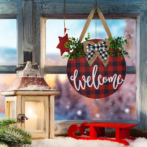holiday party supplies christmas decoration welcome board linen bowknot welcome red black plaid door hanging