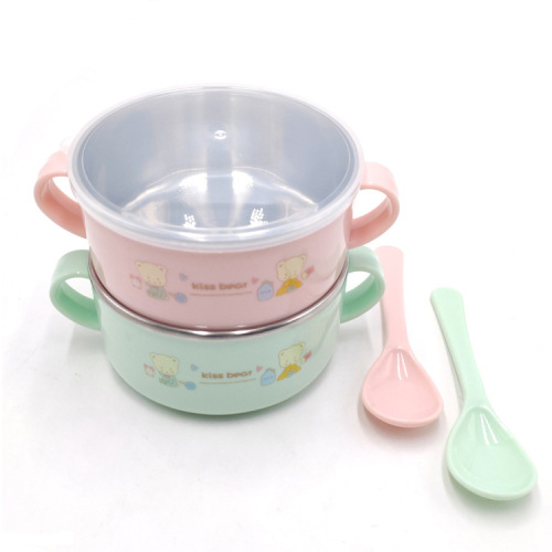 cartoon stainless steel small bowl with cover spoon anti-scald insulation baby solid food bowl stainless steel children‘s tableware