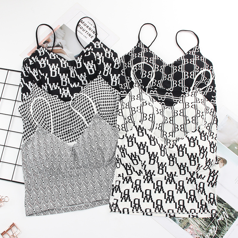 Summer Color Matching Thin Ice Silk Back Shaping Tube Top Wireless Letters Printed Camisole Comforta