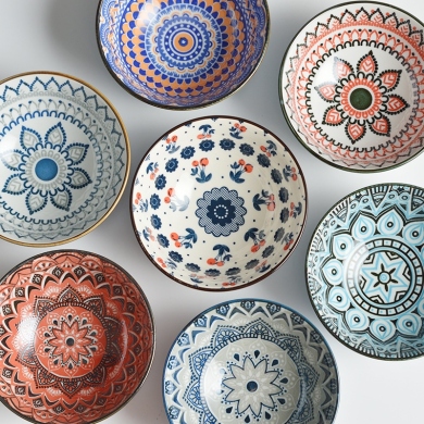 釉下彩陶瓷餐具4.75寸米饭碗面汤碗家用创意个性早餐碗酒店高脚碗