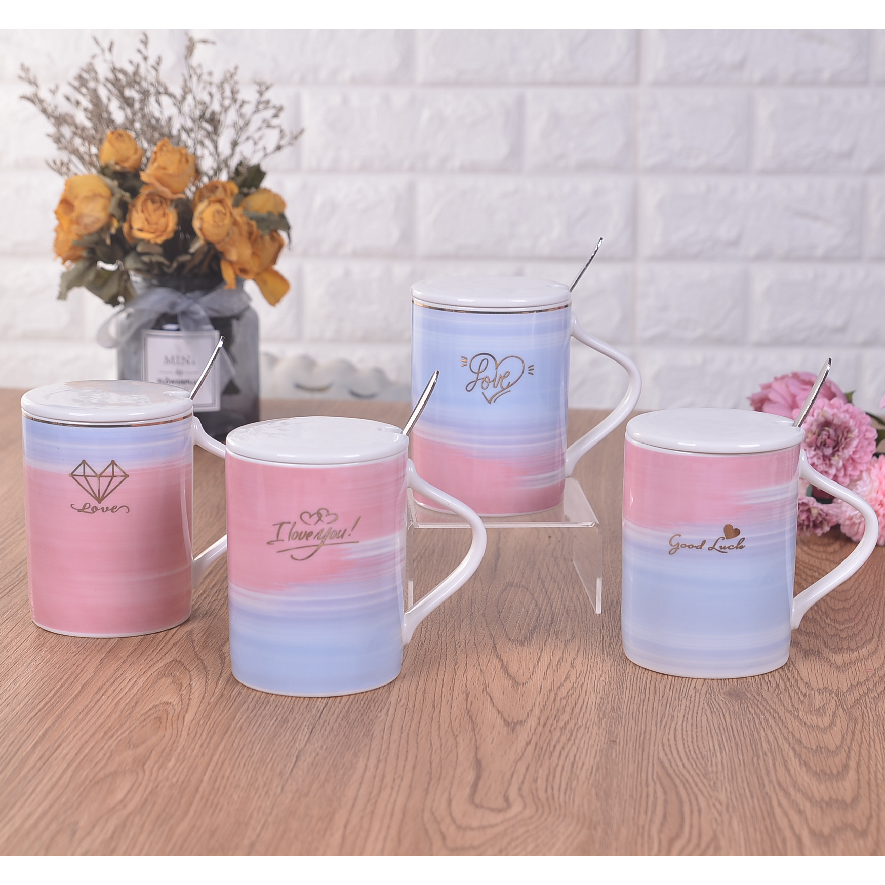 创意北欧风陶瓷杯带盖有勺咖啡牛奶水杯简约马克杯可定制_义乌市高帅