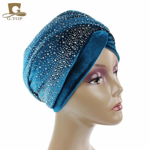 Starry Hot Drilling Velvet Headscarf Cap Long Tail Cap Wrap Head Scarf Hat TJM-38C