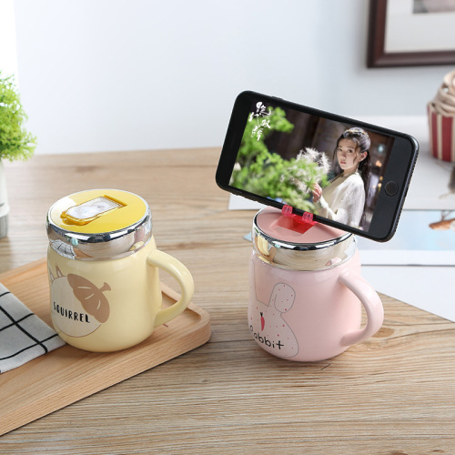 creative cartoon ceramic cup office with water cup with mobile phone holder cover mug