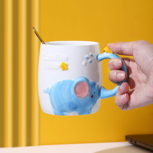 Personality Mug Nordic Cup Hand-Painted Elephant Creative Water Cup Office Home with Handle Ceramic Cup with Lid Wholesale
