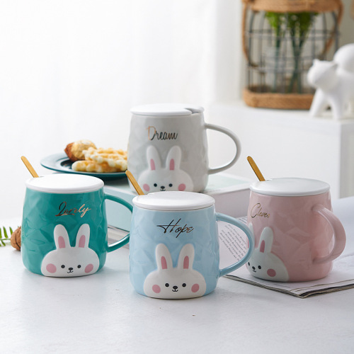 korean cute cartoon rabbit ceramic mug with lid spoon internet celebrity water cup creative ceramic cup
