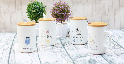Creative Porcelain Cup Fruit Mug Gift Milk Coffee Breakfast Cup Custom Logo Wooden Lid Ceramic Cup